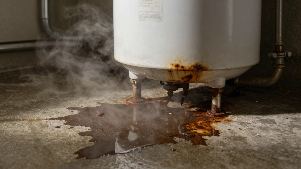 Water heater leaking onto a basement floor with rust stains.