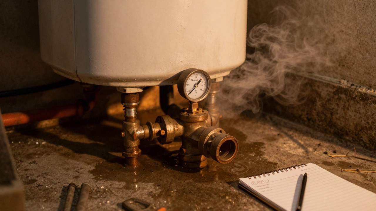 Water pooling under an aging boiler with low pressure gauge reading.