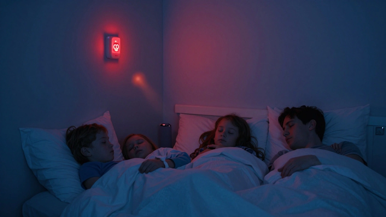 A family sleeps as a hidden carbon monoxide leak emerges from a gas fire, alarm glowing red.