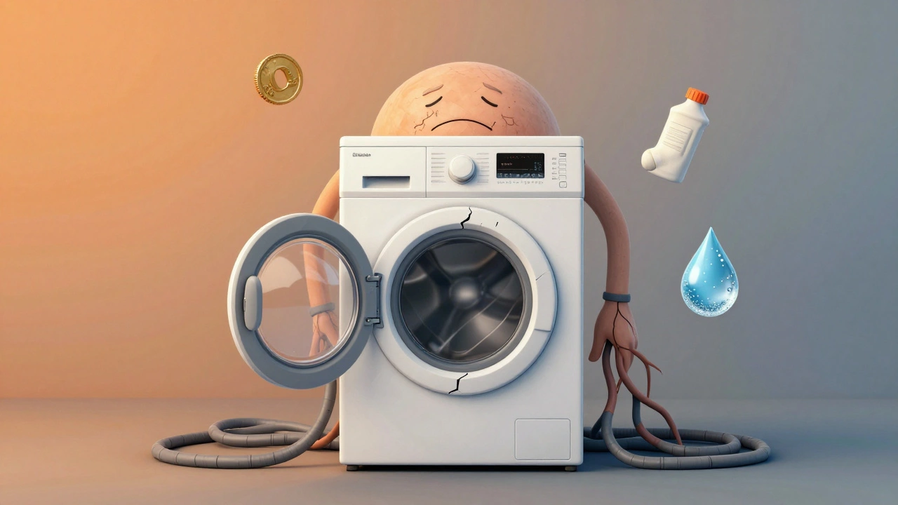 A personified washing machine with symbolic objects floating around it, representing wear and neglect.