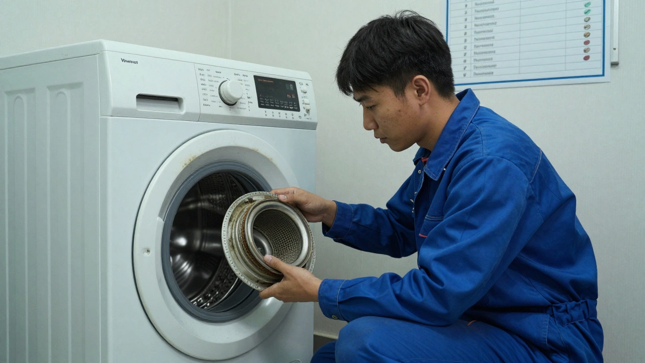 A technician holding a worn drum bearing and clogged filter beside a malfunctioning washing machine.