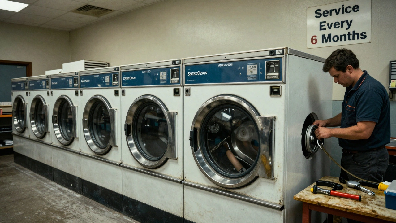 A technician replacing a belt on a decades-old Speed Queen washer in a busy laundromat.