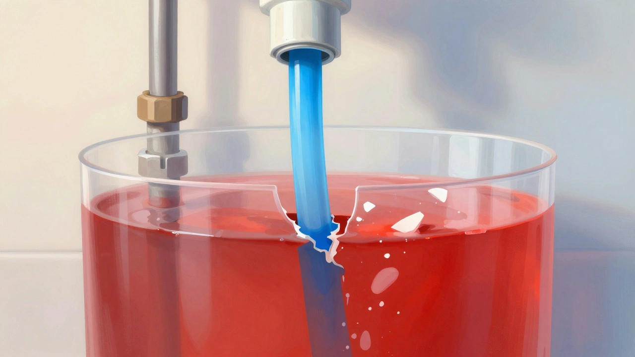 Cross-section of water heater showing broken dip tube causing cold water to mix with hot.