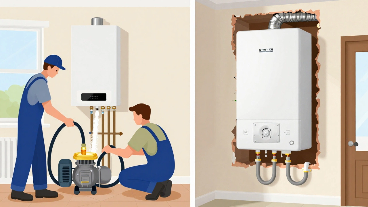 Engineers flushing a heating system and installing a new combi boiler with rerouted flue.