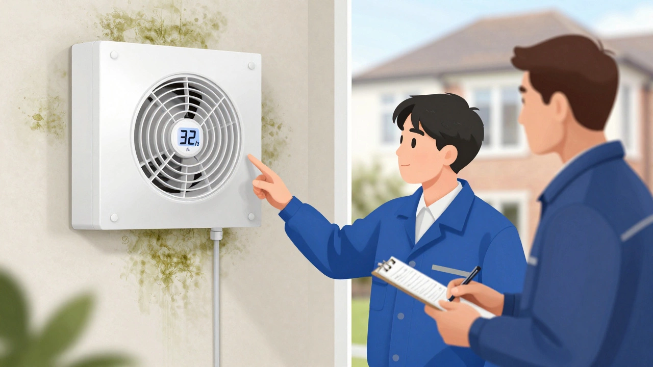 Gas Safe engineer inspecting a compliant extractor fan with airflow reading, beside a comparison of mouldy and clean kitchen walls.