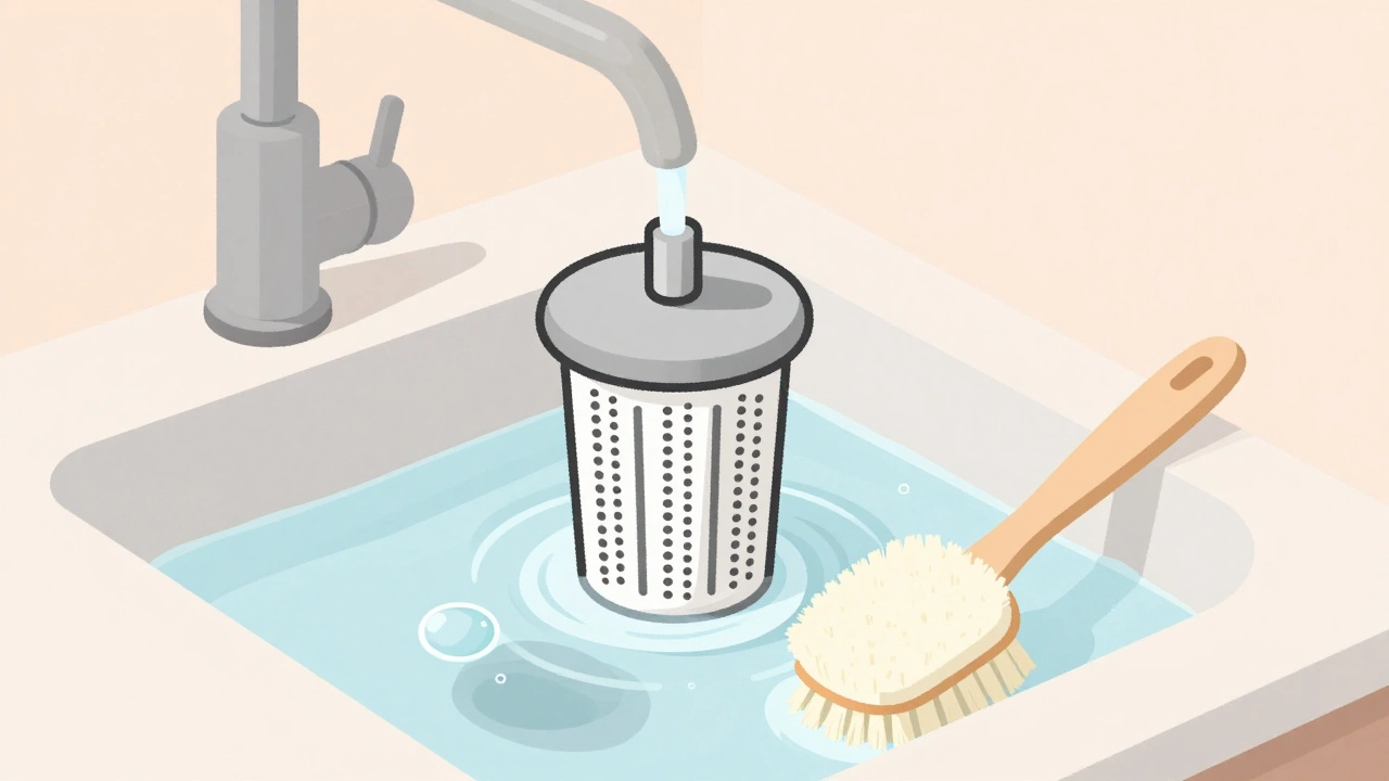 Grease filter soaking in warm soapy water in kitchen sink