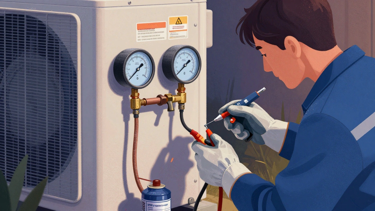 HVAC technician diagnosing a refrigerant leak with specialized tools.