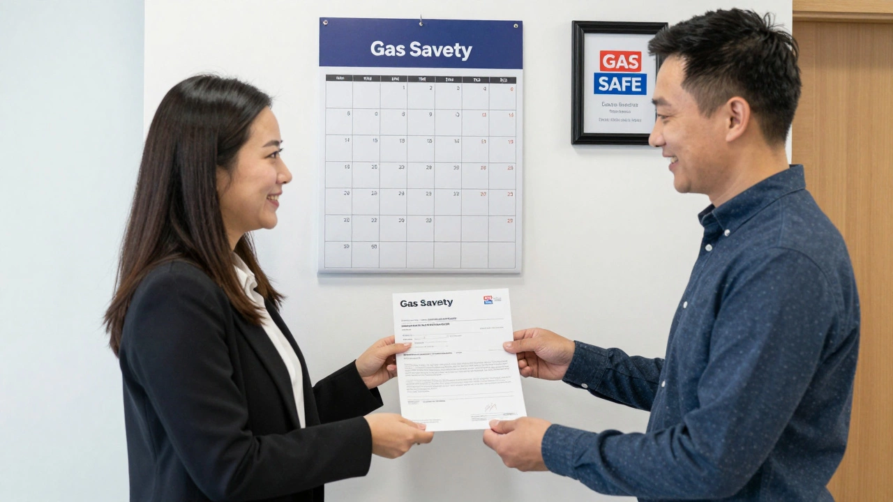 Landlord handing a Gas Safety Certificate to a tenant in a well-lit UK home office.