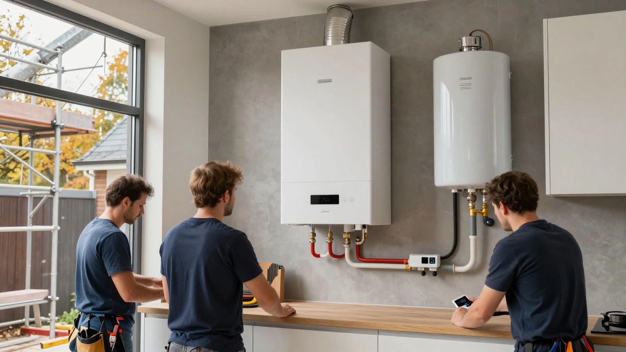 Modern boiler and hot water tank being installed during a full home renovation with builders and electricians.