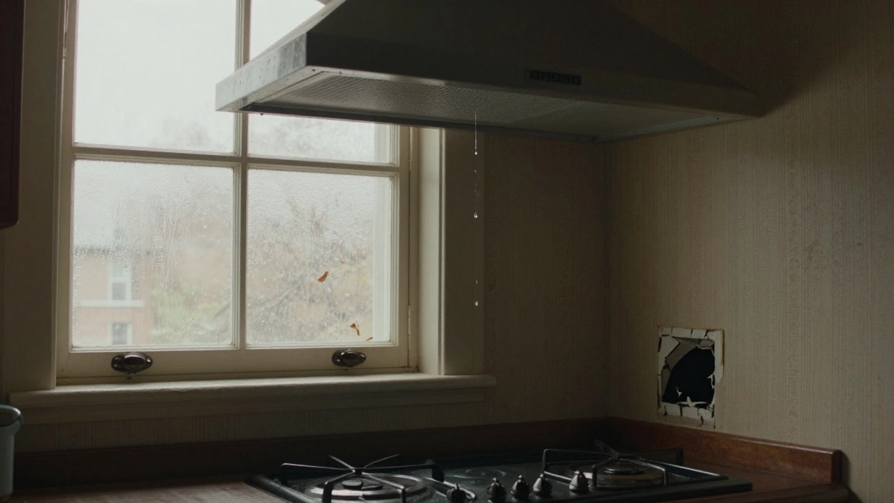 Older UK kitchen with peeling wallpaper and condensation on the window, showing the absence of proper extraction.