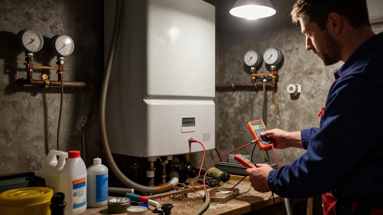 Rusty old boiler with leaking pipes as plumber drains sludge in dim basement