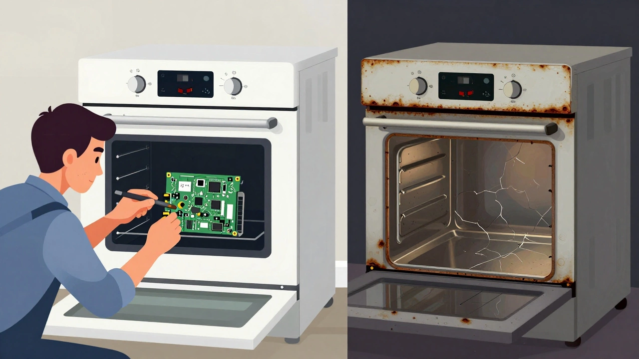 Side-by-side comparison of a young oven being repaired versus an aging oven showing signs of wear.