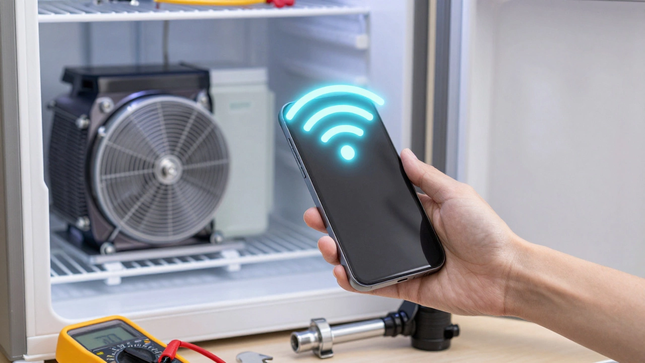 Smart refrigerator with glowing Wi-Fi overlay, revealing internal cooling system, with repair tools on workbench.