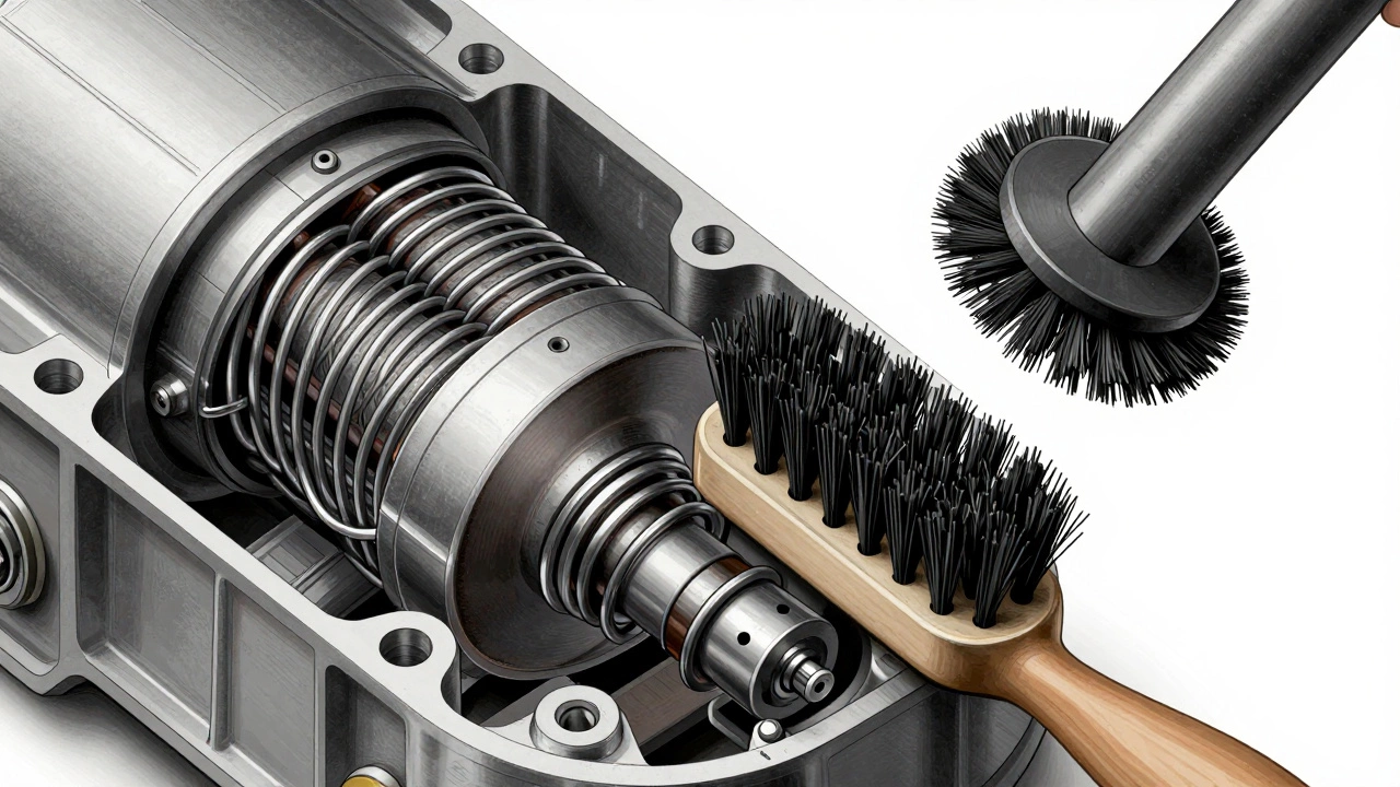 Soft-bristle brush cleaning motor coils with vacuum attachment nearby