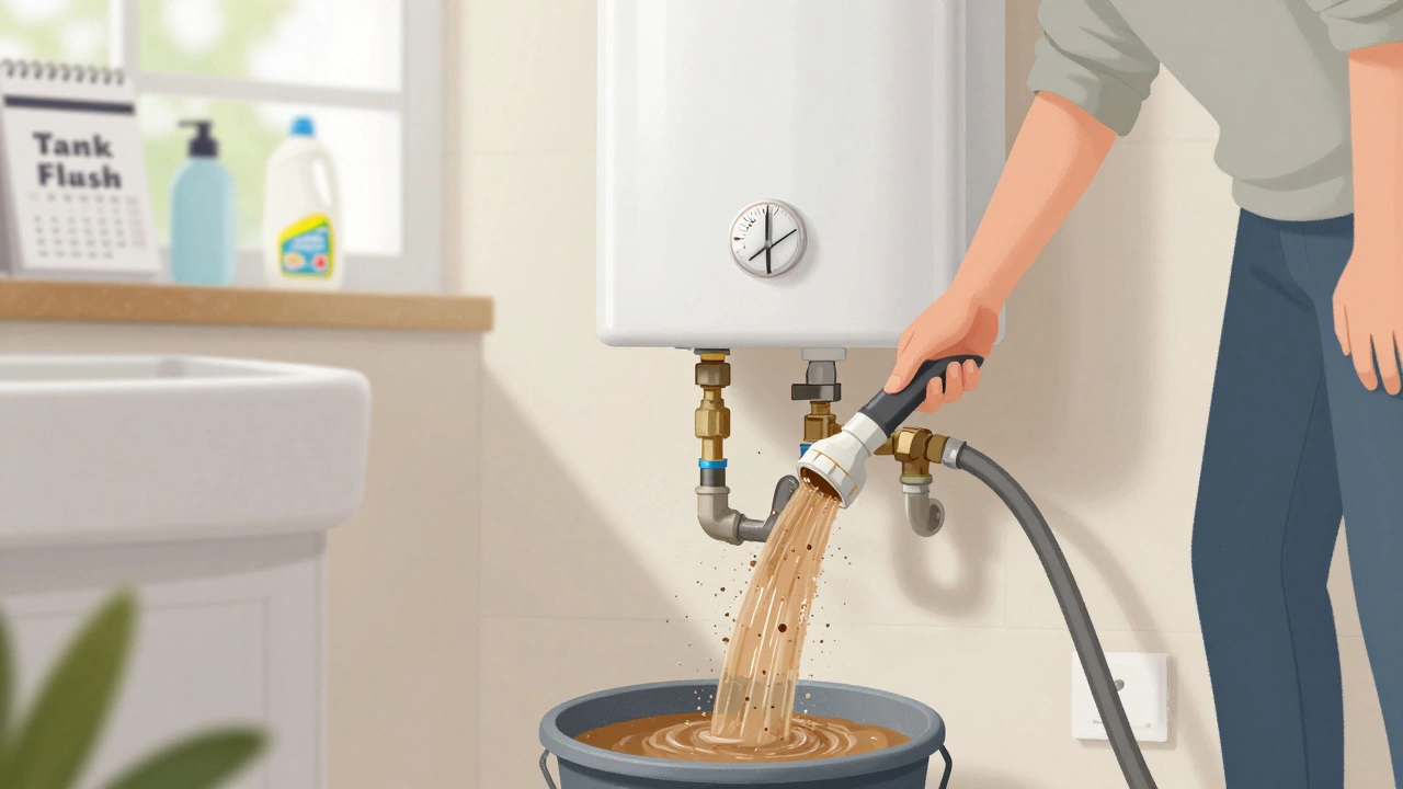 Water being drained from a water heater tank into a bucket, showing gritty sediment.