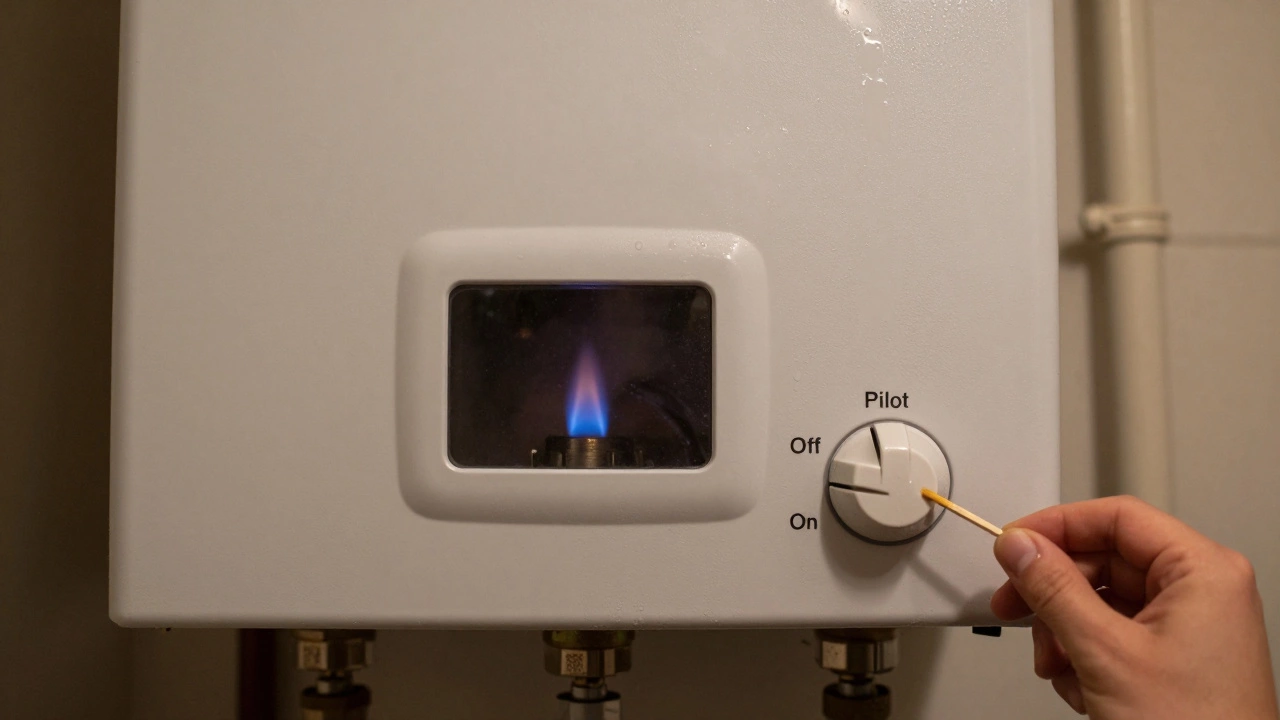 A gas water heater's pilot light flickering weakly near labeled control knobs.