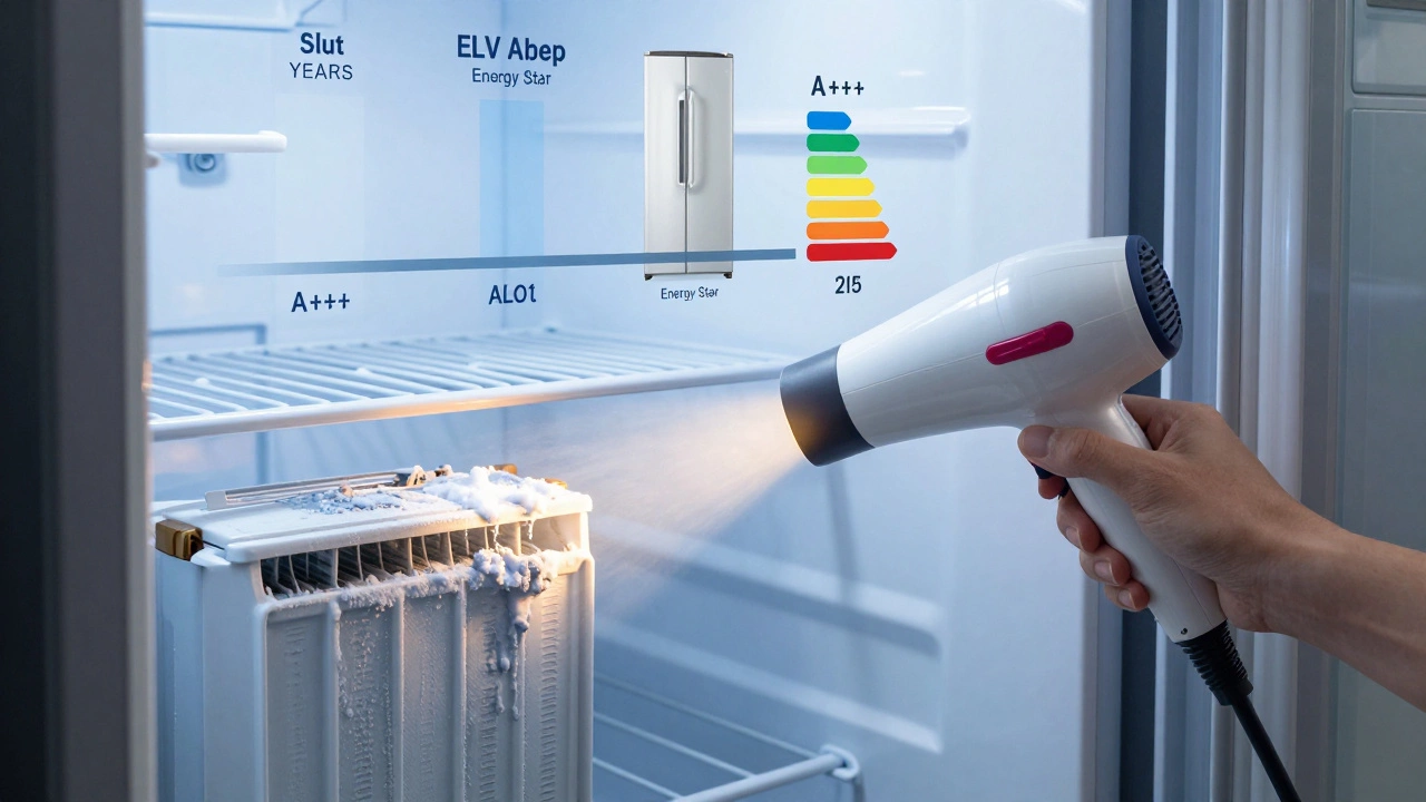 A hand replacing a defrost heater in a freezer, frost melting as a hairdryer warms the area, beside an old and new fridge comparison.