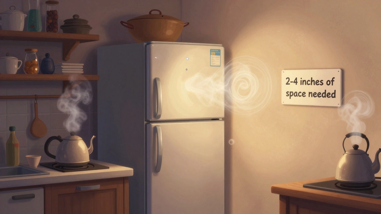 A refrigerator squeezed against a wall with steam and clutter, illustrating poor airflow and environmental stress.