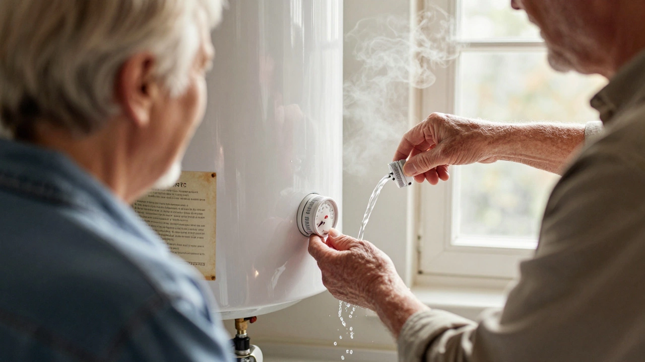 An elderly couple checking a water heater thermostat as warm water flows from a tap.