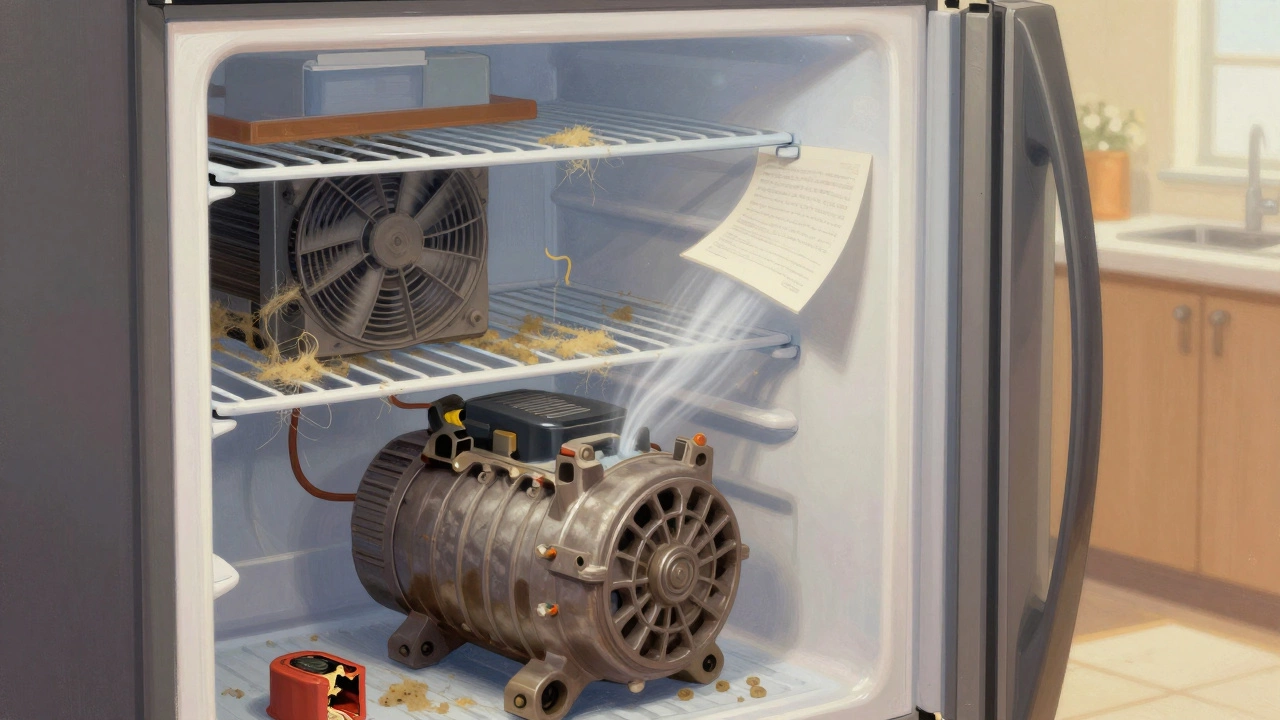 Cross-section of a fridge showing a failed compressor, clogged coils, and a weak door seal, with cold air not circulating properly.