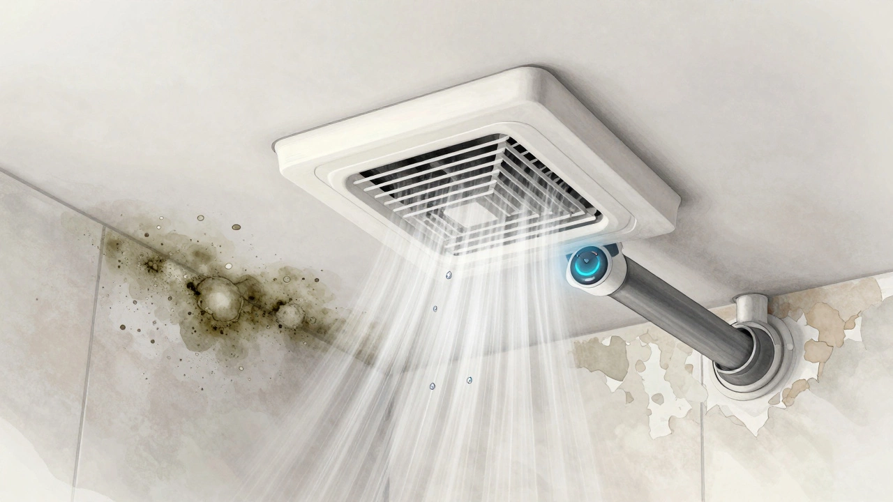 Cutaway view of a bathroom ceiling showing a new fan pulling moisture through a duct to the outside.