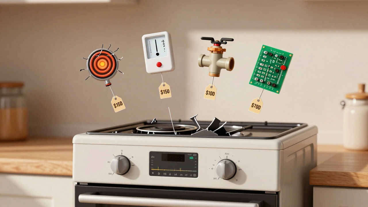 Floating icons of oven failures with corresponding repair prices