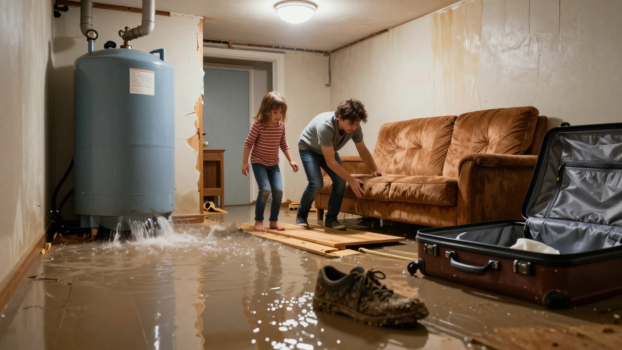 Flooded basement after a 20-year-old water heater bursts, with water damaging furniture and floorboards, and a shoe left behind.