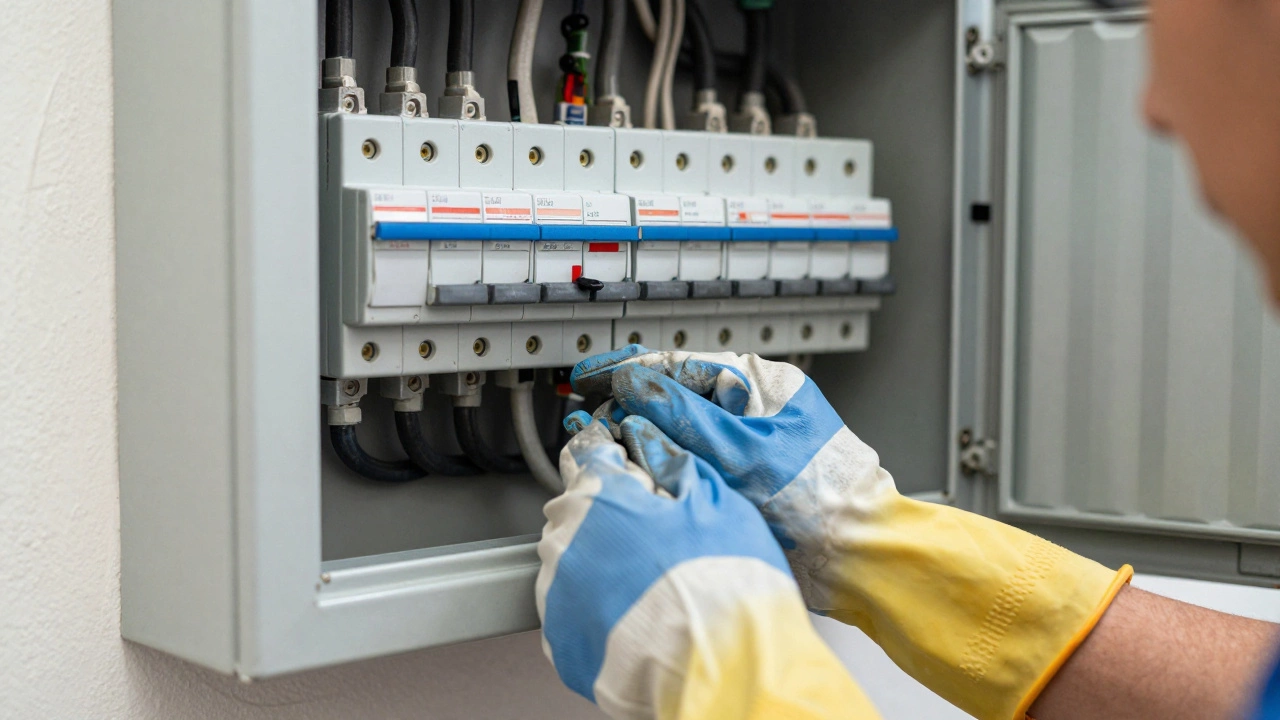 Gloved hand switching off a circuit breaker at an electrical distribution board.