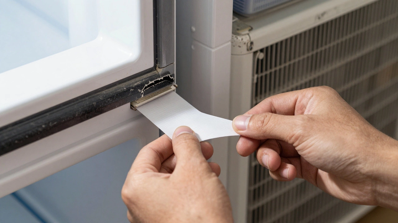 Hands testing a freezer door seal with paper, dusty condenser coils visible behind the unit.