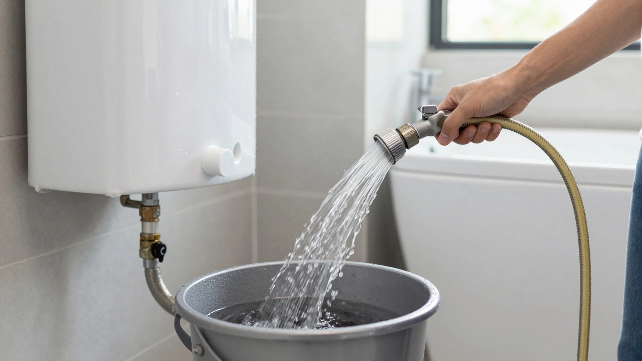 Homeowner flushing water heater tank with hose, clear water draining away while sediment is removed.