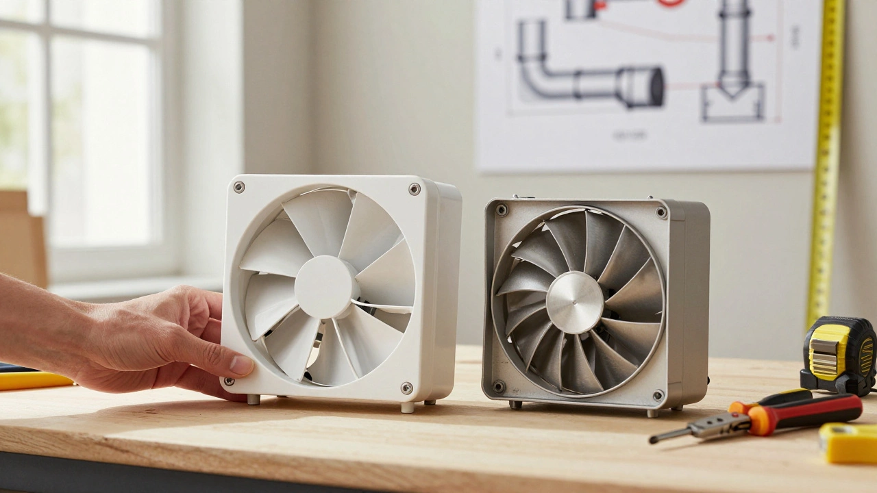 Modern and old extractor fans side by side with DIY tools and a duct diagram in the background.