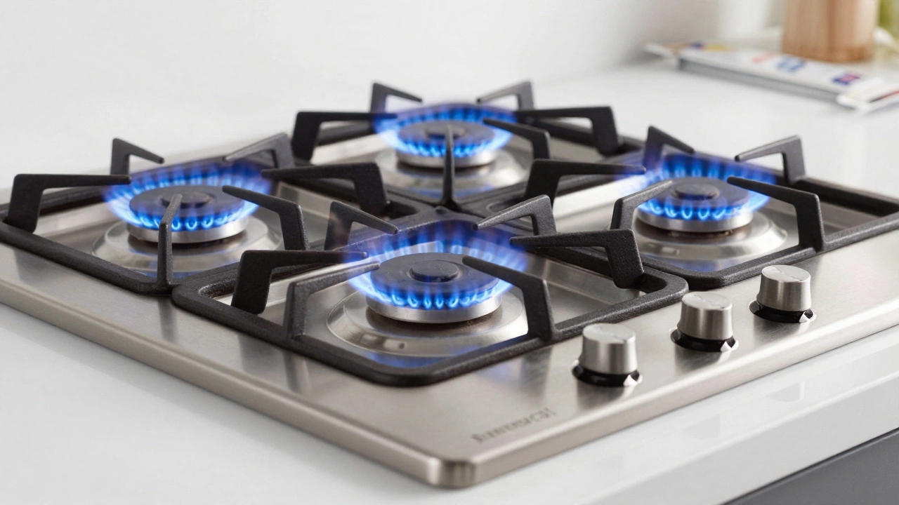 New stainless steel gas hob with blue flames