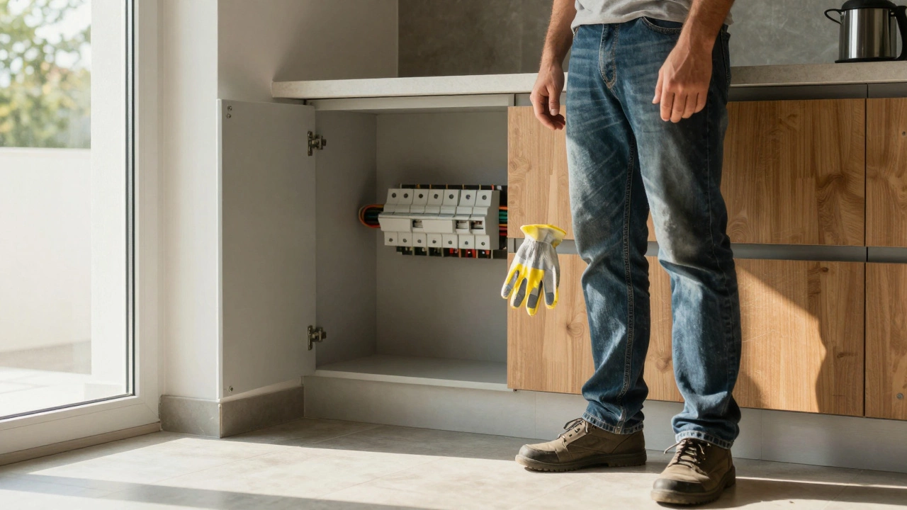 Person standing near a circuit breaker panel holding safety gloves