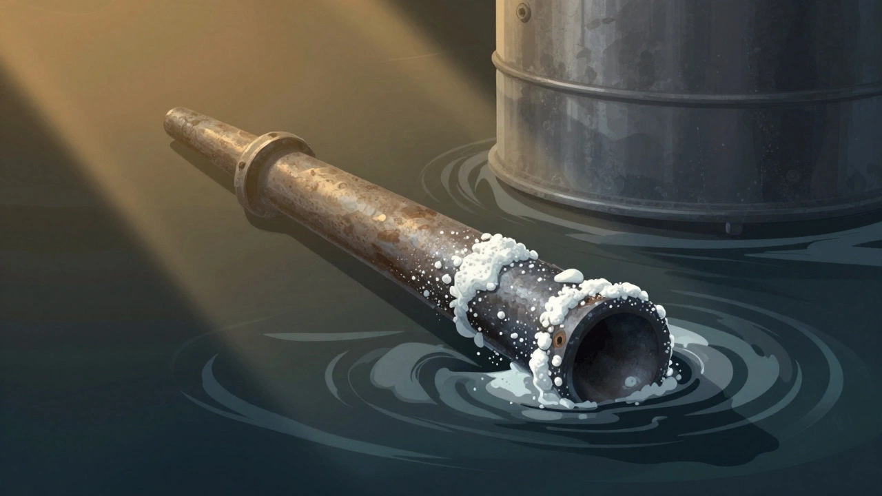 Sacrificial anode rod heavily coated in calcium deposits, surrounded by swirling minerals in tank water.