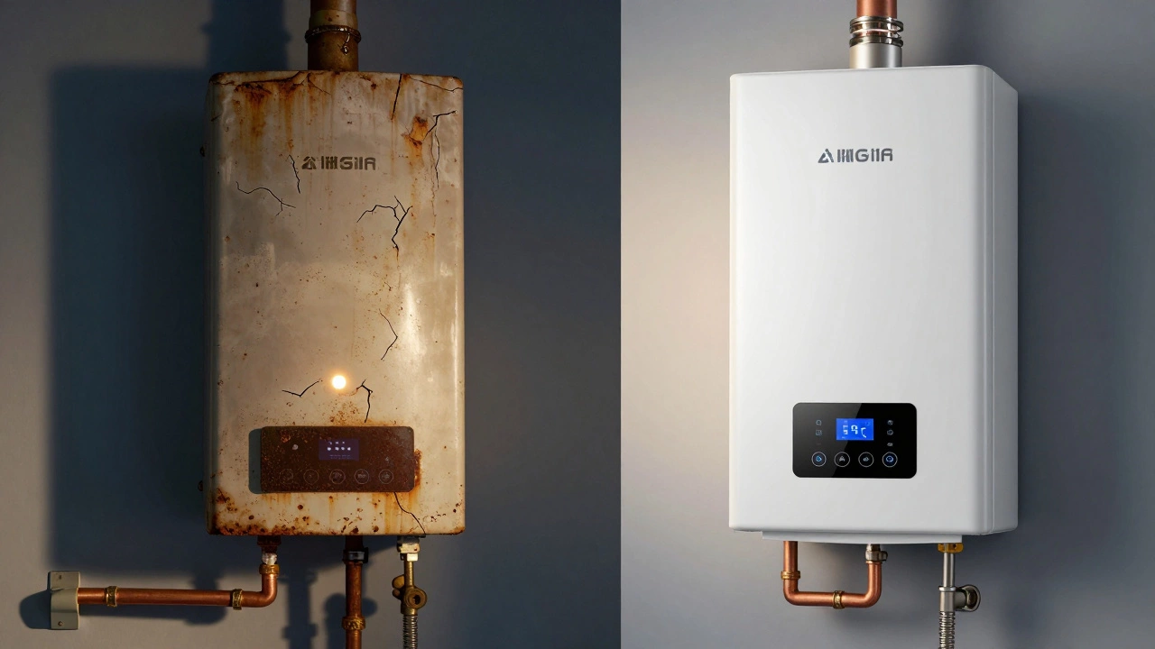 Side-by-side view of an old, corroded water heater next to a modern, efficient model with smart features and clean plumbing.