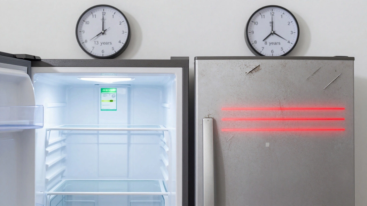 Split-screen comparison of a well-maintained fridge versus a neglected one, highlighting how care affects lifespan.