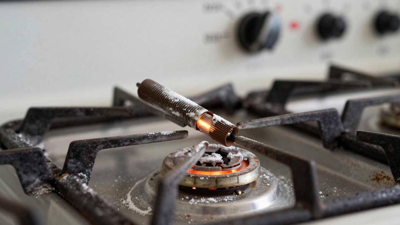 Worn-out oven igniter with cracks and white residue, glowing weakly.
