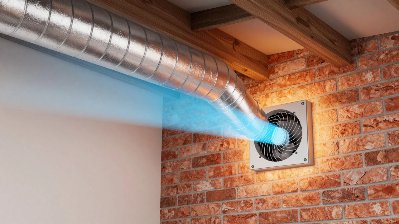 3D cross-section of a kitchen vent duct leading from the fan to the outside wall