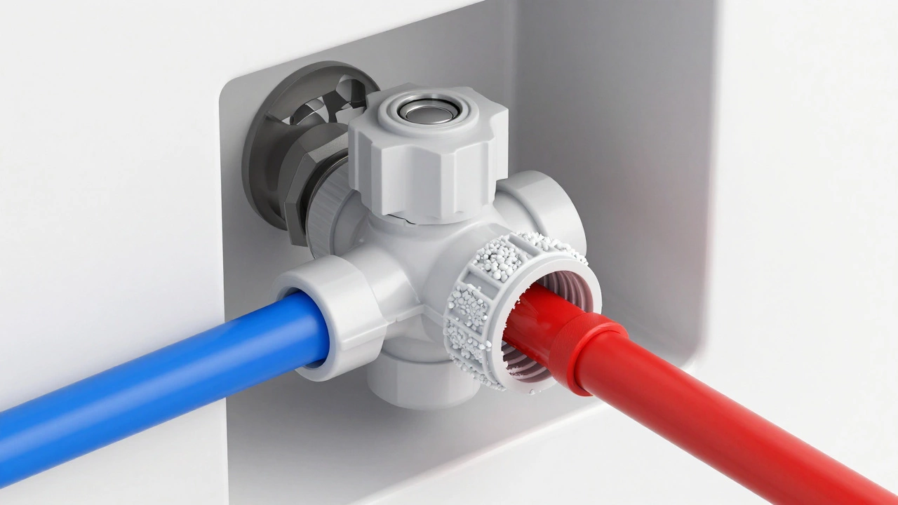 3D diagram of a shower mixing valve showing mineral buildup blocking hot water flow.