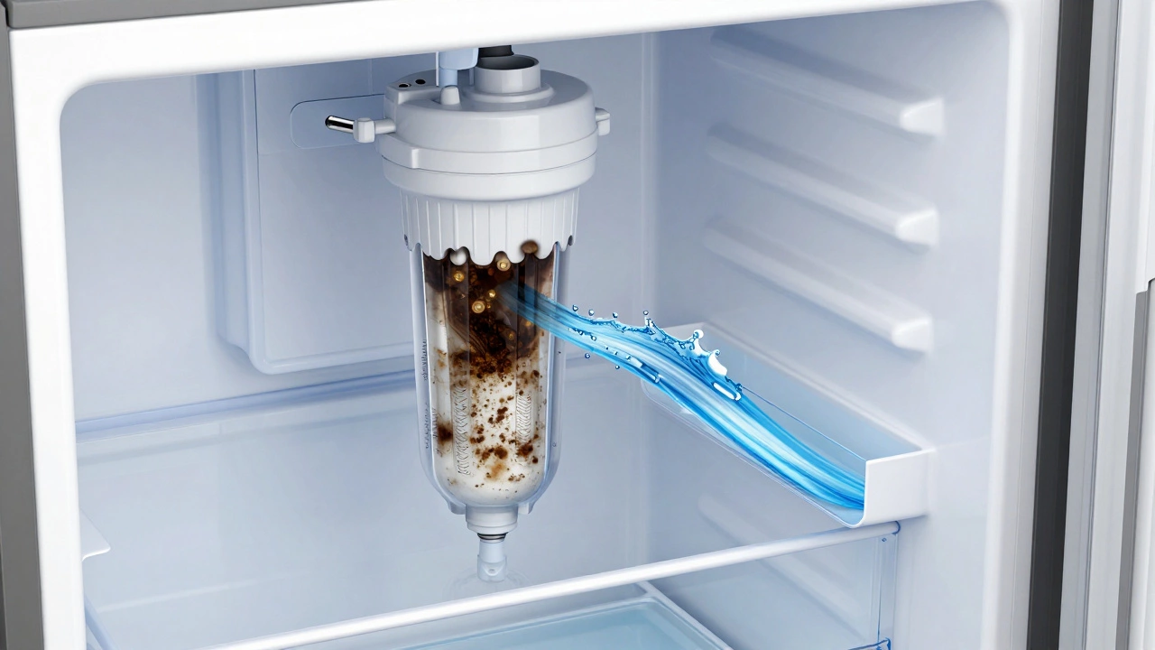 3D diagram showing a clogged water filter restricting water flow.