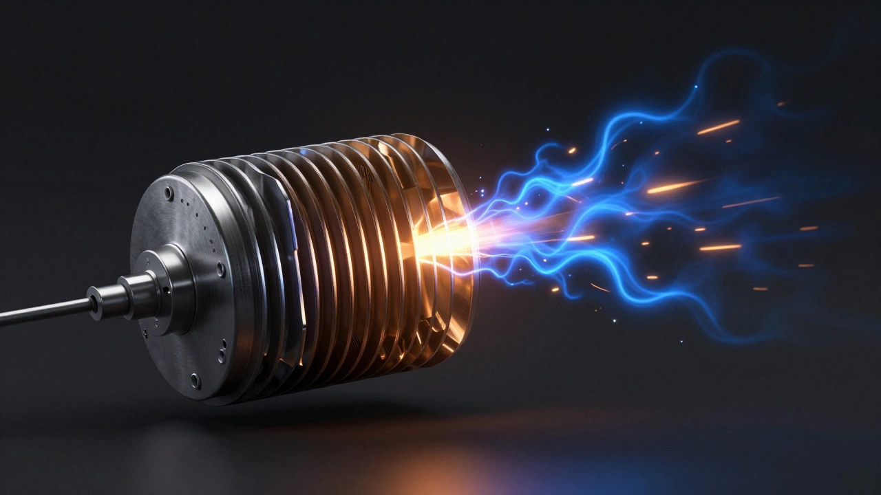 3D render of a failing microwave magnetron with flickering energy pulses
