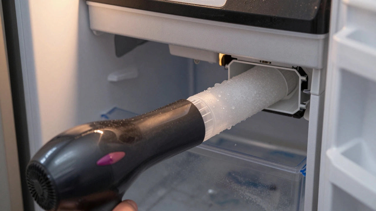 A hairdryer being used to thaw a frozen ice maker fill tube.