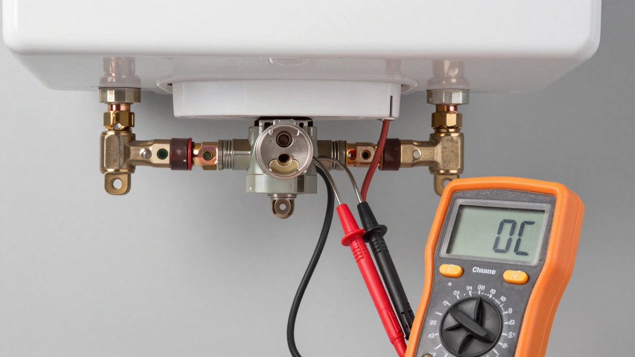 A multimeter testing a water heater thermostat for continuity