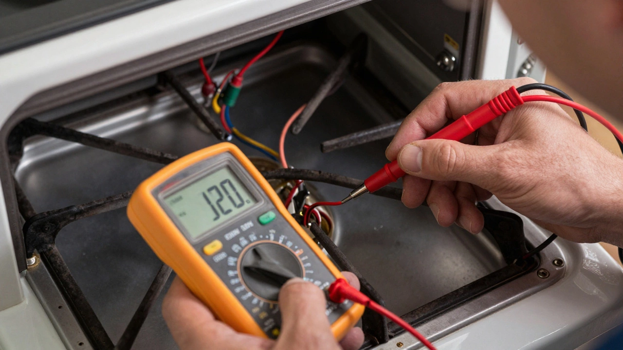 A technician using a digital multimeter to test gas oven wiring.