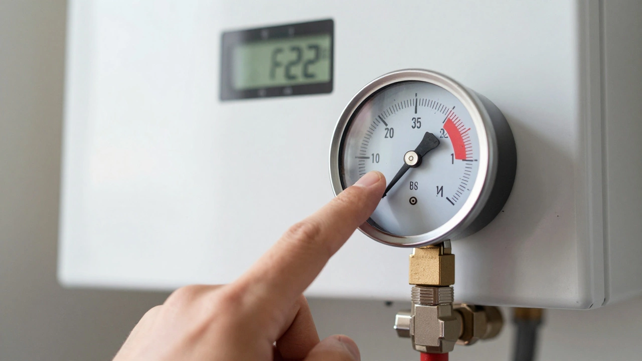 Close-up of a boiler pressure gauge needle pointing to the red low-pressure zone.