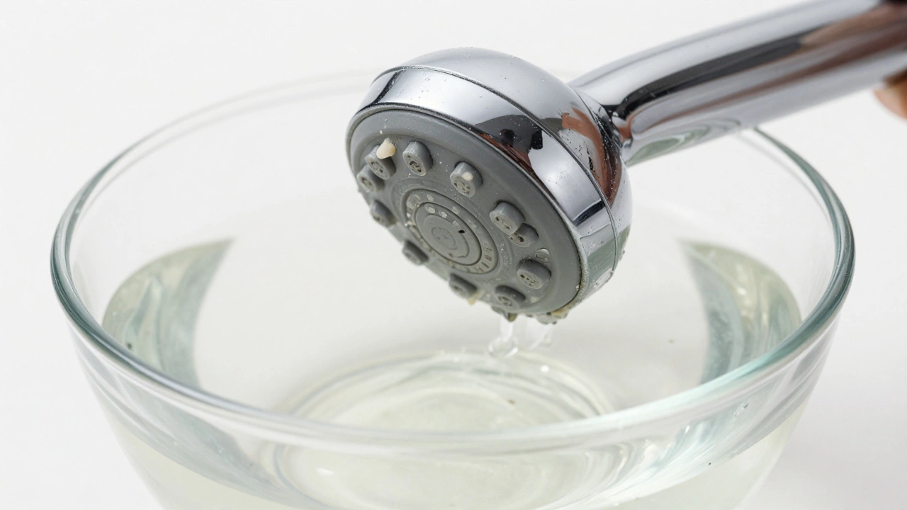 Close-up of a chrome showerhead soaking in a bowl of vinegar to remove mineral scale.