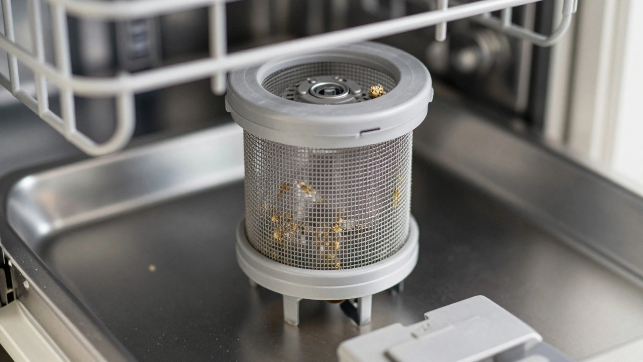 Close-up of a dirty dishwasher filter being removed from the tub