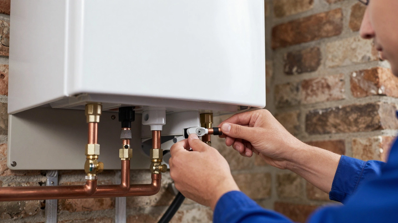 Close-up of a professional engineer installing new copper pipes for a modern high-efficiency boiler.