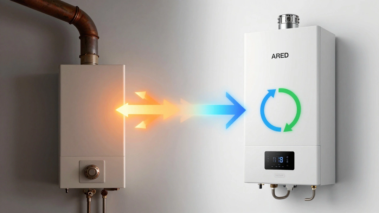 Comparison between an old inefficient boiler losing heat and a modern energy-efficient condensing boiler.