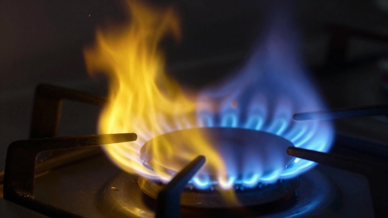 Comparison of a dangerous yellow gas flame and a safe blue gas flame.